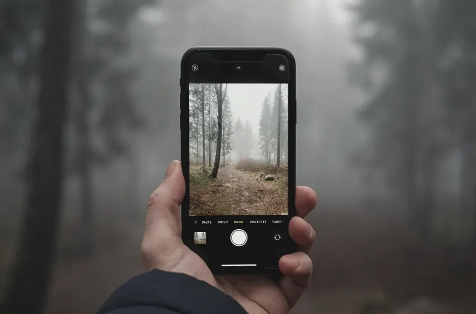 smartphone, photography, forest, hand