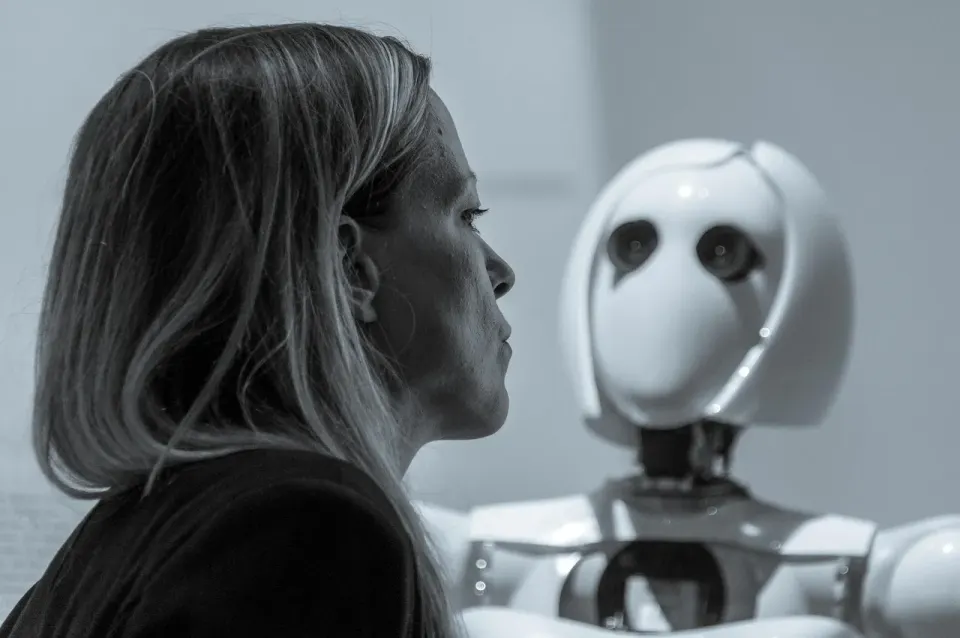 robot, woman, face, cry