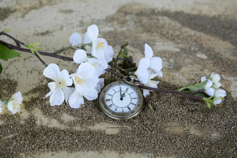 A pocket watch and sand resting on a world map, a nod to how time rules differ from place to place
