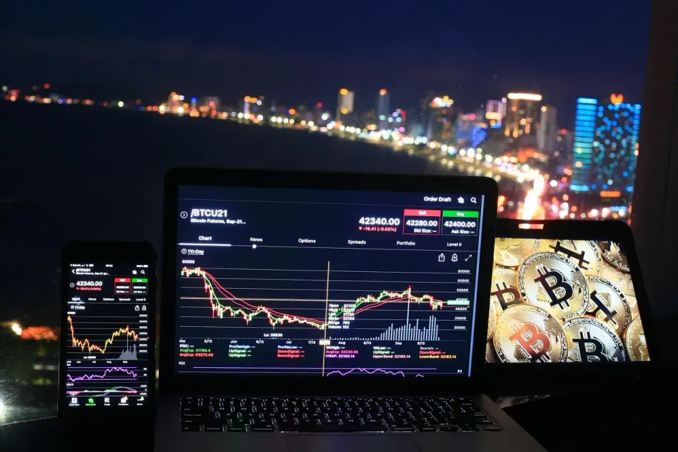 A trading chart on a screen, the kind of fake profit display investment scammers show victims