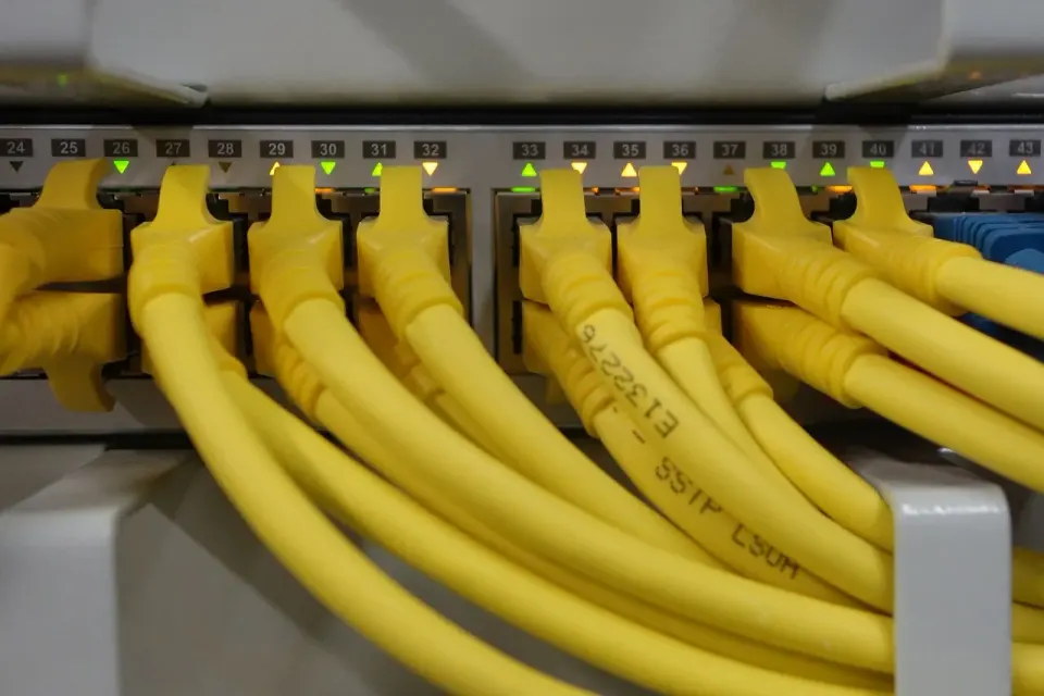 Network patch cables plugged into a switch, the internet plumbing that now carries most phone calls